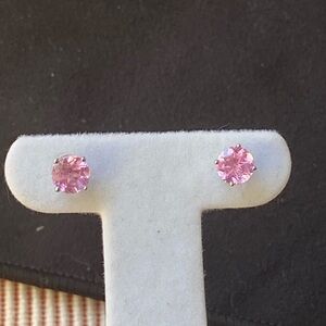 L-15: 1.5 ct tw Round Brilliant cut Pink Sapphire Earrings - solid 10K WG -plumb